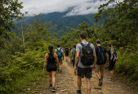 Hikers on a lush La Romera trail during the Spanglish bilingual hiking experience